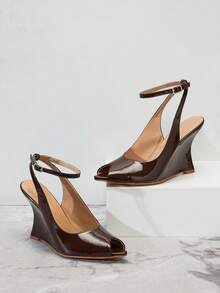 SHUZIA Sandalias de cuña con tira de tobillo y punta abierta para mujer - Marrón Chocolate - Ver 6