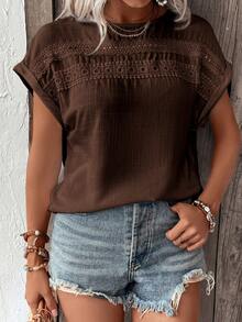 Breezaya Camisa casual de mujer con cuello redondo, manga corta y encaje de contraste para vacaciones - Café integral - Ver 4