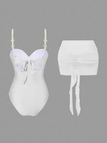Bộ đồ bơi liền thân 3 mảnh Swim Oasis dành cho nữ, màu be trơn, có gọng, dây đeo vai mảnh, viền bèo nhún điều chỉnh được và chân váy lưới trang trí kim loại có thể tháo rời, thích hợp cho mùa hè. Bộ đồ bơi Rouche, phụ kiện đồ bơi, trang phục dự tiệc bể bơi cho nữ. - trắng - Xem 2