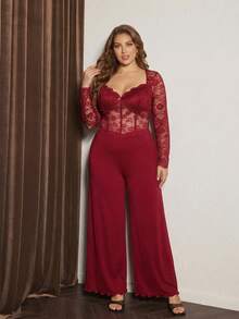 Slumberist Plus Size Women Lace Round Neck Top And Flare Pants Pajama Set - Burgundy - View 3