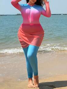 Swim Shayni 2026New Plus Size Women 3 PiecesGradient Matching Set With Mesh Skirt, Middle Eastern Style Swimwear - Multicolor - View 1