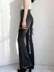 FRIFUL 女士纯色极简日常系带牛仔裤 - 黑色 - 查看 2