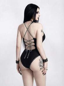 ROMWE Áo tắm liền thân nữ màu đen & đen trắng kẻ sọc, lưng chéo, kiểu Gothic, mùa xuân/hè. - màu đen - Xem 2