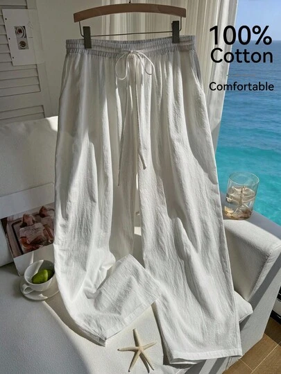 SHEIN EZwear Spring & Summer Pure Cotton White Pants, Curved Hem, Casual Wide Leg Pants, Plus Size