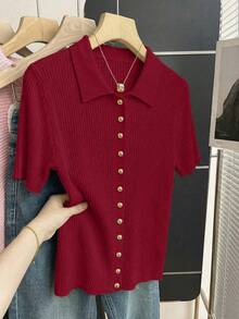 SHEIN Franclia 新款夏季休闲宽松百搭简约优雅柔软Polo衫，适合办公室、工作、通勤等场合，金属纽扣设计，修身剪裁，款式简洁大方，男女皆宜，极简女式开衫 - 紅色 - 查看 8