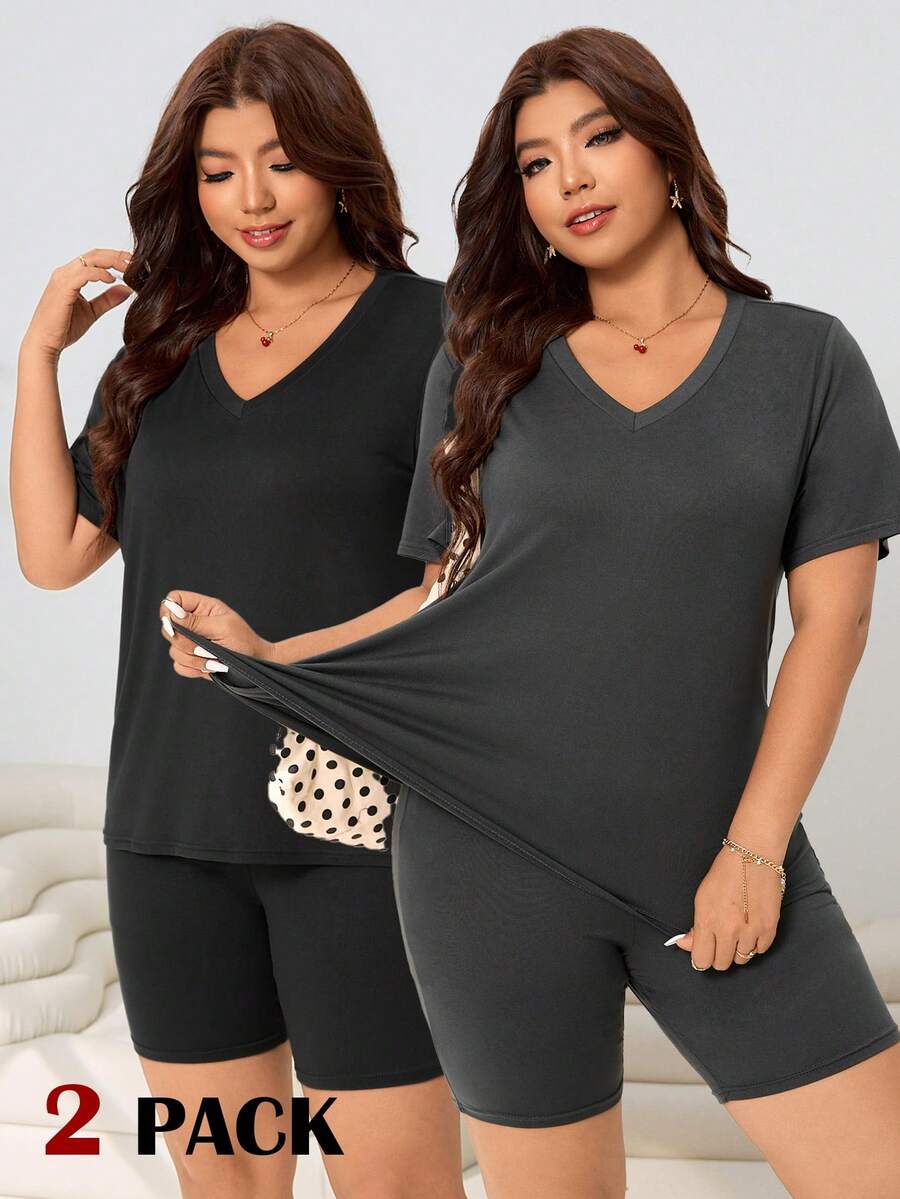 SHEIN EZwear Plus Size Summer Casual Black & Gray 2-Piece Set,V-Neck Short Sleeve Loose T-Shirt & Stretchy Soft Knit Cycling Shorts,Gym Outfits For Music Festival - Multicolor - View 1