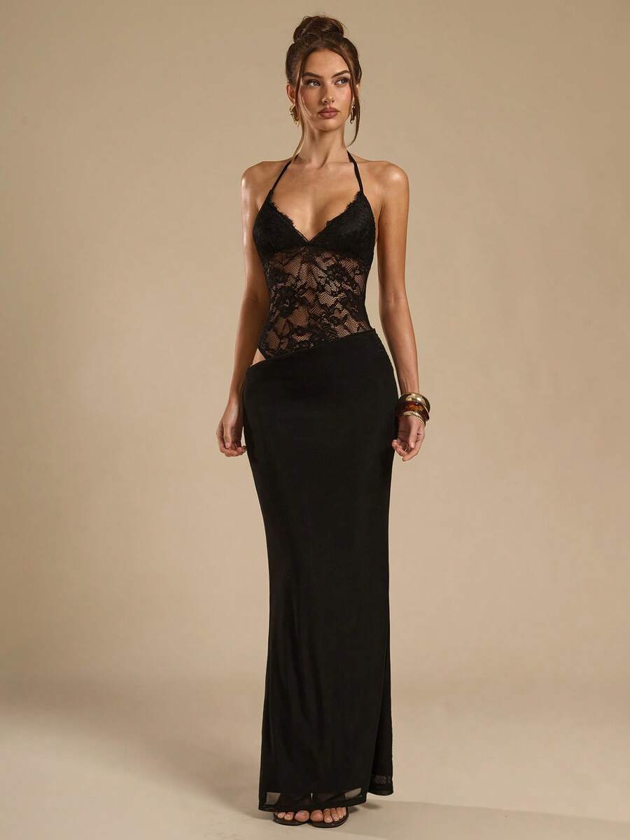 SHEIN BAE Đầm ren đen hai dây, hở lưng, dáng đuôi cá, chất liệu xuyên thấu, thích hợp cho nữ, thích hợp mặc đi nghỉ mát, dự tiệc, thanh lịch, phù hợp cho mùa xuân/hè. - màu đen - Xem 1