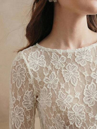 Anewsta 1pc Women's Elegant Solid Color Long Sleeve Hollow Out Stretchy T-Shirt