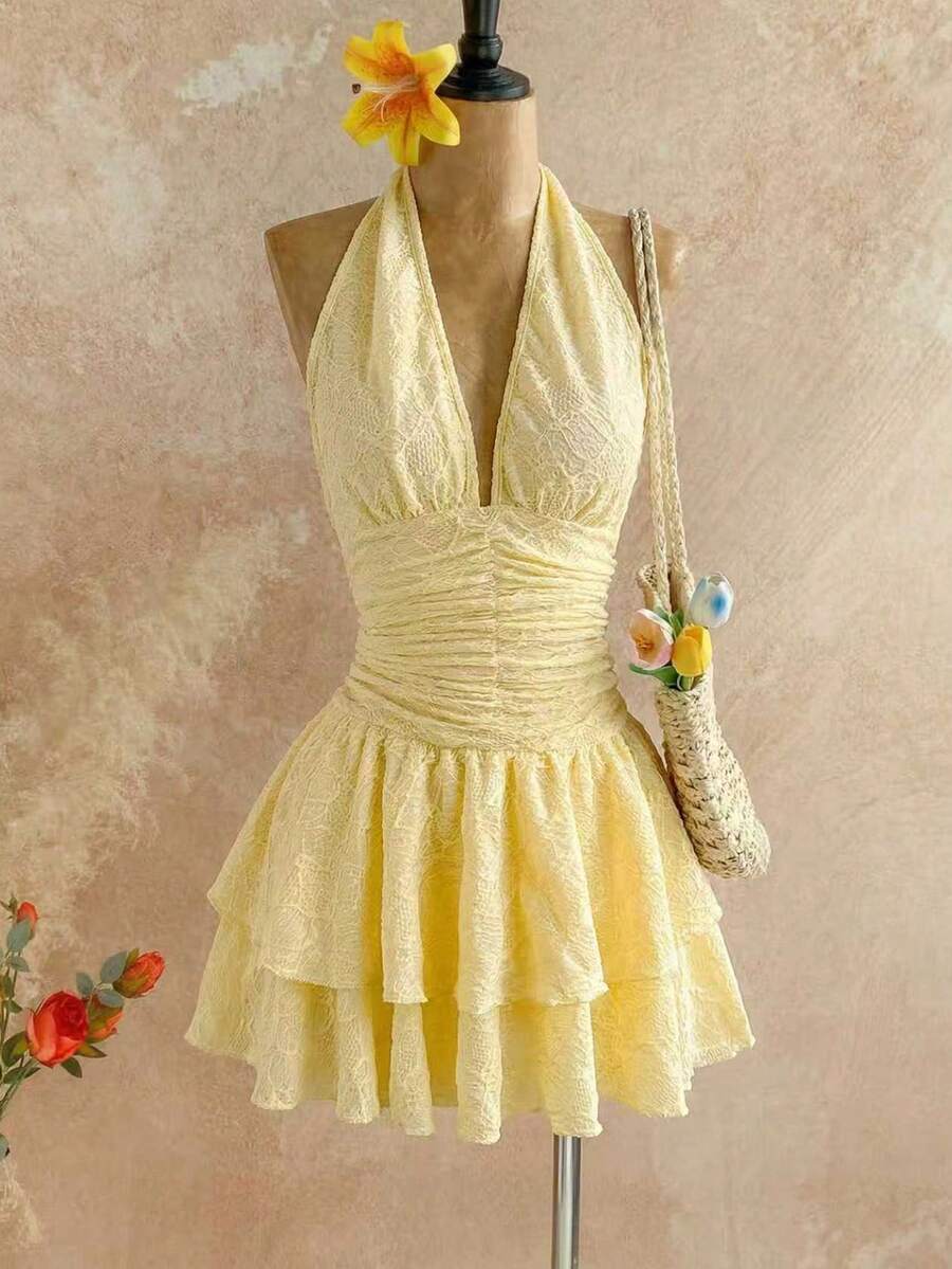 Elamini Đầm ngắn nữ màu vàng dệt jacquard cổ chữ V sâu hở lưng, eo nhún bèo, gấu đầm xếp ly đôi, thanh lịch, tối giản, ngọt ngào, dễ thương, lãng mạn, thích hợp cho kỳ nghỉ, đi biển, hẹn hò hàng ngày, đa năng, mùa xuân/hè. - Màu vàng - Xem 1
