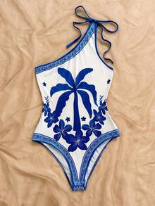 Soleia New Vacation Knit Printed Asymmetric-Shoulder Bowknot Bodysuit For Women - Blue and White - View 4