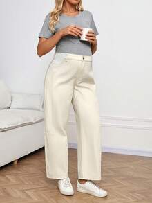SHEIN 孕妇休闲百搭日常穿搭阔腿牛仔裤 - 卡其色 - 查看 7