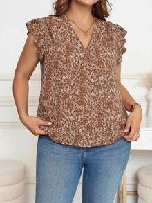 SHEIN Clasi Plus Size Ditsy Floral V-Neck Blouse - Brown - View 3