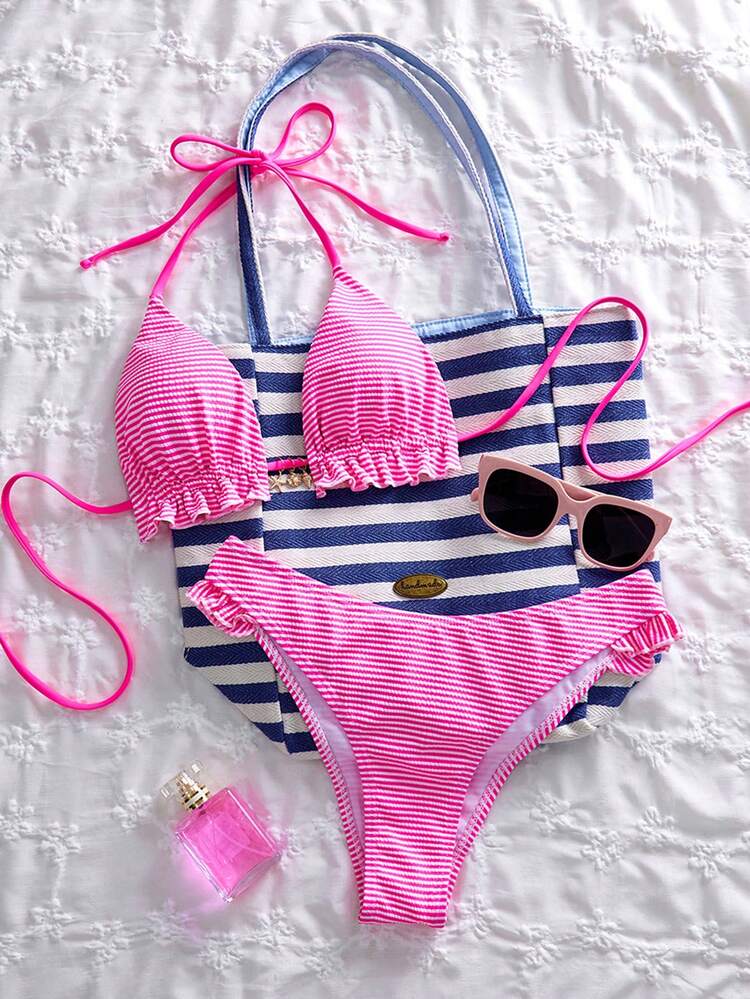 Swim Mod Bộ bikini hai mảnh gợi cảm dành cho nữ, kiểu dáng mùa hè, đi nghỉ mát bên bờ biển, chất liệu vải kẻ sọc phối màu tinh tế, điểm nhấn là họa tiết hoa xinh xắn cùng mặt dây chuyền hình sao biển và vỏ sò bằng kim loại tinh xảo, kiểu dáng hở lưng và buộc dây. - Nhiều màu - Xem 4