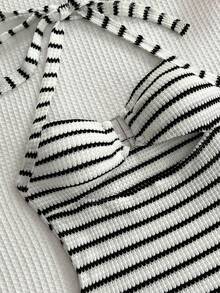 Elamini Body da donna con design creativo a righe sulla scollatura, casual, nuova collezione vacanze - Bianco - Visualizzare 4