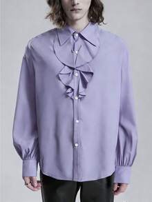 ROMWE MEN Goth 男士时尚纯色荷叶边纽扣长袖衬衫 - 淡紫色 - 查看 4