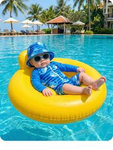 SHEIN 新生儿条纹海豚印花连体泳衣，沙滩/度假款 - 藍色 - 查看 7