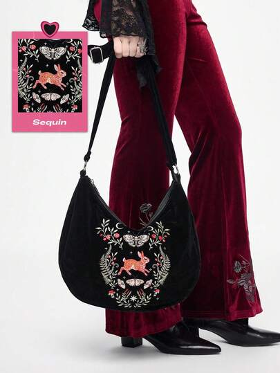 ROMWE Fairycore Flower Type: 1663157 High Quality Embroidery Thread Moth Plant Rabbit Embroidery Mushroom Dark Goth Shoulder Oblique Span Bag
