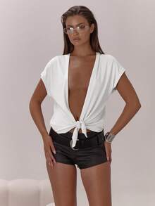 MUSERA 宽松深V领打结露脐上衣，优雅性感，适合夜晚外出、度假、叠穿、冬季派对、情人节、春夏等场合。 - 白色 - 查看 5