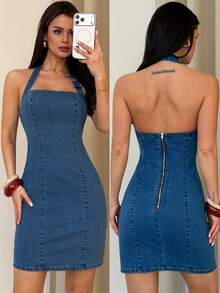 Firerie Đầm denim ôm sát cổ yếm thời trang nữ mùa hè, trang phục lễ hội, đi làm, nghỉ mát, tốt nghiệp, phong cách Y2K, dễ thương, thời trang đường phố, dự tiệc, đám cưới, thanh lịch, công sở, thường ngày, nữ doanh nhân, đi biển, lễ tốt nghiệp, lễ Phục sinh. Đầm mini denim cổ yếm cao cấp, phong cách tối giản. - Màu xanh lam - Xem 7