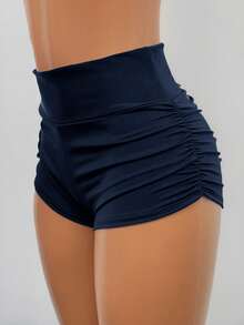 SHEIN Tall Ladies' Solid Color Ruched Biker Shorts, Summer Biking,Yoga Sports - Navy Blue - View 2