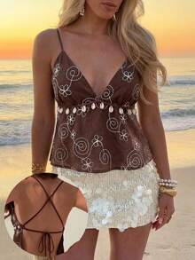 Aloruh 女士夏季度假花卉刺绣荷叶边吊带背心，度假装扮，露背上衣，荷叶边上衣，可爱夏季上衣，外出上衣，波西米亚风女装，欧洲夏季 - 棕色 - 查看 2