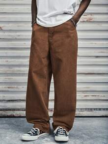 Modcrash 男士直筒宽松休闲百搭带口袋牛仔裤 - 咖啡棕 - 查看 1