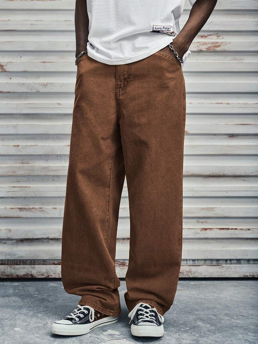 Modcrash 男士直筒宽松休闲百搭带口袋牛仔裤 - 咖啡棕 - 查看 1