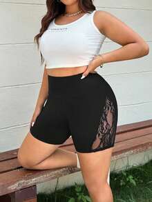 SHEIN PETITE CURVE 大尺碼女款小個子黑色蕾絲網格拼接內搭褲，高腰休閒單車短褲，休閒時尚夏季徒步日常穿搭 - 黑色 - 查看 4