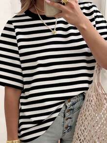 SHEIN CURVE+ Striped Round Neck Casual Short Sleeved T-Shirt, Plus Size Women's T-Shirt, Summer - Black - View 5