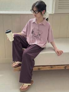 Dazy Kids 少女圆领印花短袖T恤+长裤家居服套装，春夏款 - 淺粉色 - 查看 4