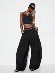 Aveloria GENKIRA Pantalones harem con volantes, decoración de cinturón metálico plateado de gran tamaño en los ojos, estilo de vanguardia mixto de uso casual, para ir al trabajo, fiesta - Negro - Ver 5