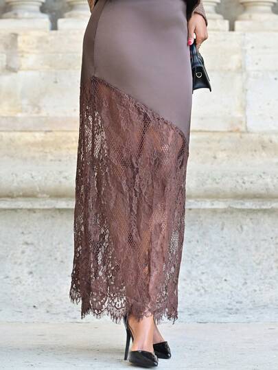 Mima John Váy chữ A phối ren màu nâu satin, kiểu dáng lãng mạn mùa Thu/Đông, trang phục ngày Valentine cho nữ.