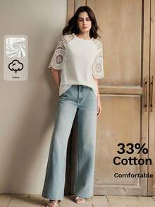 Anewsta 女士优雅白色棉混纺宽松圆领T恤，拼接镂空袖设计，简约时尚，适合休闲、日常穿着、情人节、海滩、节日、夏季等场合。 - 白色 - 查看 6