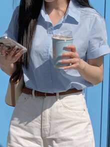 DAZY Casual Commuting Minimalist Blue Elegant Slimming Shirt For Women Summer - Blue - View 1