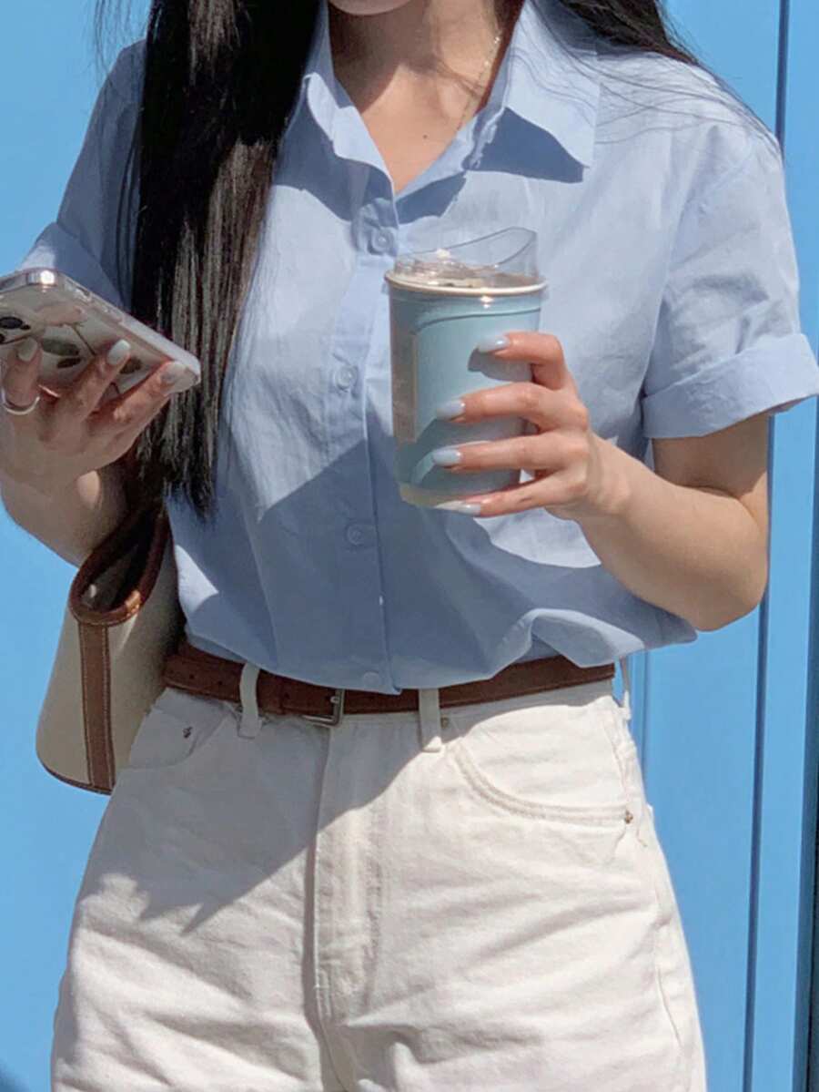 DAZY Casual Commuting Minimalist Blue Elegant Slimming Shirt For Women Summer - Blue - View 1