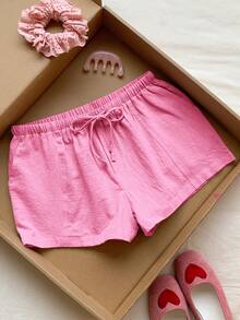 Comfortcana Pantalones cortos de mujer casuales y sueltos con cordón, pantalones cortos de lino versátiles para uso diario en color rosa rojo - Rosa Fucsia - Ver 5