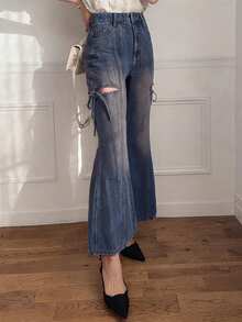 FRIFUL Women's Casual Washed Hollow Lace-Up Flare Leg Jeans - Blue - View 7