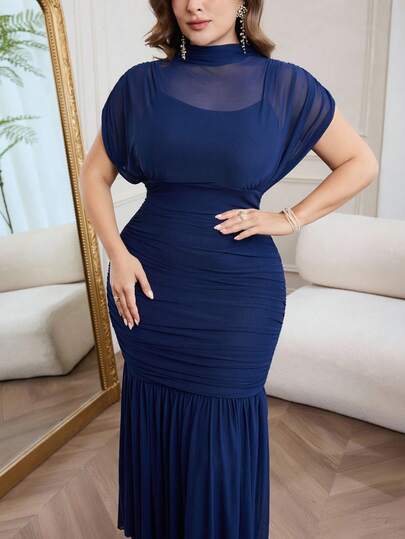 Modelyn Elegant Solid Color High Neck Sleeveless Pleated Fitted Regular Spring/Summer Plus Size Dress