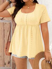 Enliva Plus Size Casual Solid Color Eyelet Embroidery Short Sleeve T-Shirt, For Apple And Rounded Body Shape - Yellow - View 6