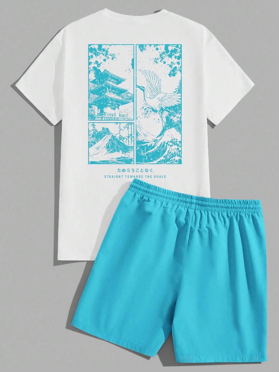 Manfinity ZONE917 男士卡通印花圆领短袖T恤和短裤休闲日常穿搭 - 彩色 - 查看 1