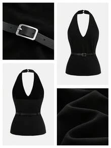 Gossip Girl X SHEIN SHEIN Maija Áo không tay hở lưng mùa xuân/hè 2026 với dây buộc cổ và thắt lưng, phong cách thành thị sành điệu. - màu đen - Xem 7