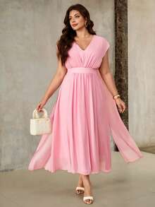 Roveilla Plus Size Women's Blush Pink Summer Elegant Formal Wedding Ninang Maxi Dress,Chiffon Shirred Waist Drop Shoulder French Boho Wrap Dresses - Pink - View 2