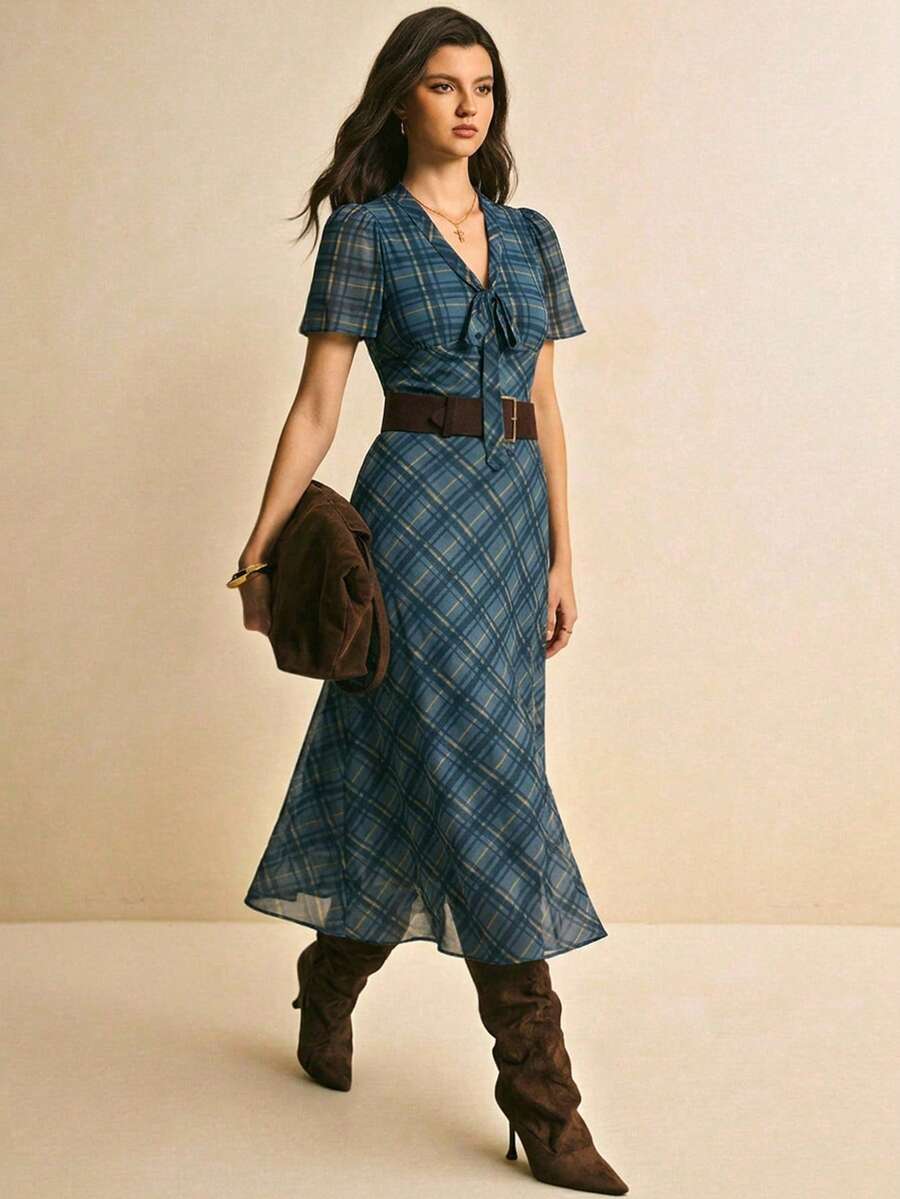Poéselle Summer Casual Plaid Tie Collar Cinched Waist Dress Blue Midi Dress Womens Plaid Dress Plaid Dress Women Tie Front Dress French Style Dress