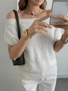 DAZY Áo len nữ tay ngắn hở vai thanh lịch - trắng - Xem 4