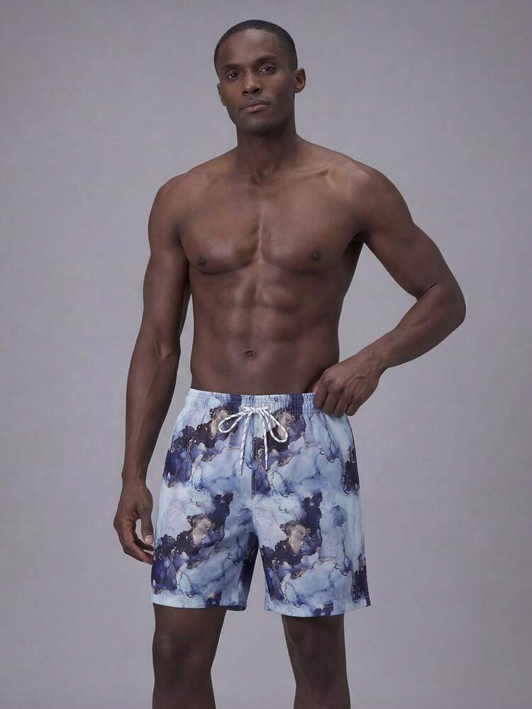 Men Graphic Print Drawstring Waist Swim Trunks