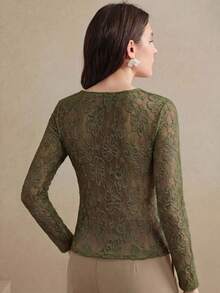 Anewsta Camiseta de mujer de manga larga, elegante, de unicolor y con abertura elástica - Verde militar - Ver 5