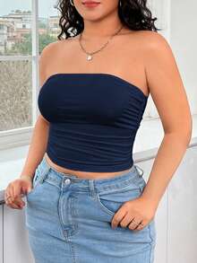 GalTyme Navy Blue Plus Size Ruffle Bandeau Top For Women - Navy Blue - View 3