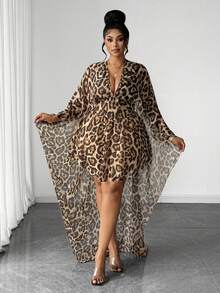 Maweii Plus Size Women Leopard Print Deep V-Neck Ruffle Hem Sexy Dress Fall - Brown - View 3