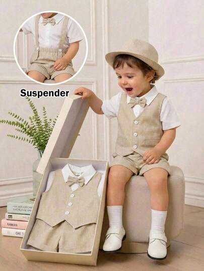 SHEIN 四件套男/女婴绅士西装套装，白色短袖衬衫、马甲、短裤/长裤、帽子，优雅的春夏装扮，适合生日派对、洗礼、周岁生日、庆典、婚礼宾客、花童、戒指童等场合。