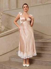 VOLUPTÉ CURVE Summer Coral Pink Dress, Plus Size Elegant Lace Patchwork Satin Dress, Flowy A-Line Fishtail Hem Summer Dress For Women, Elegant Dress For Women - Champagne - View 2
